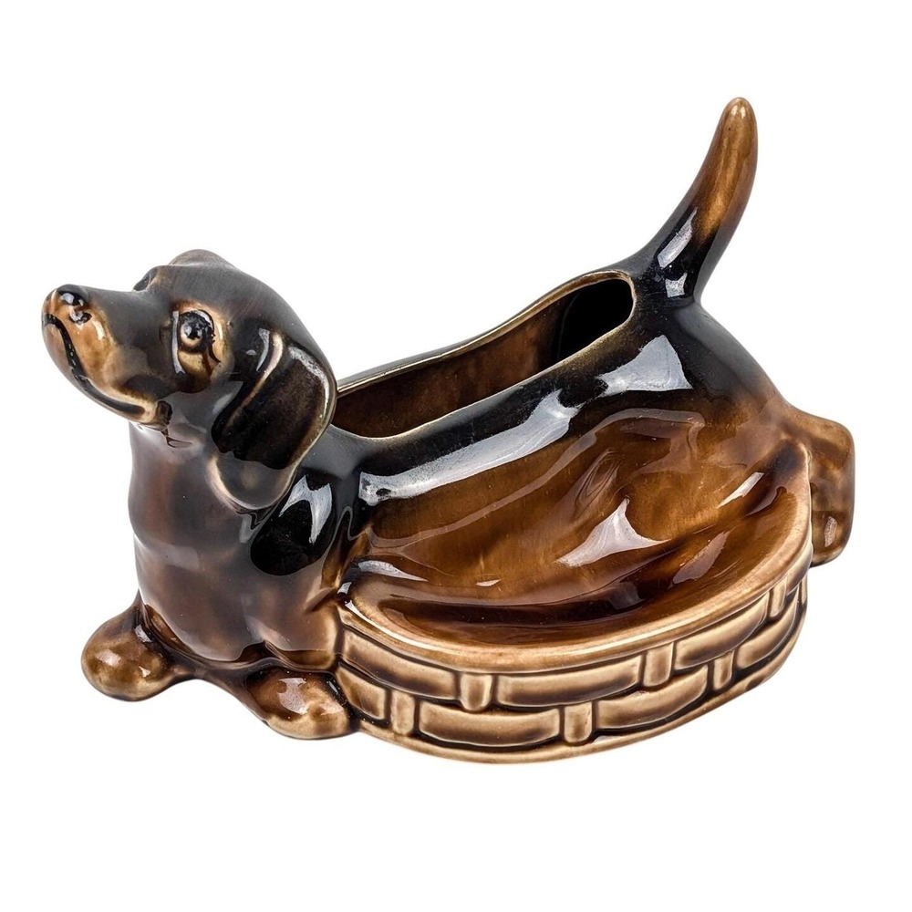 Vintage Ceramic Dachshund Dog Planter Trinket Dish Brown Black 8 Inch